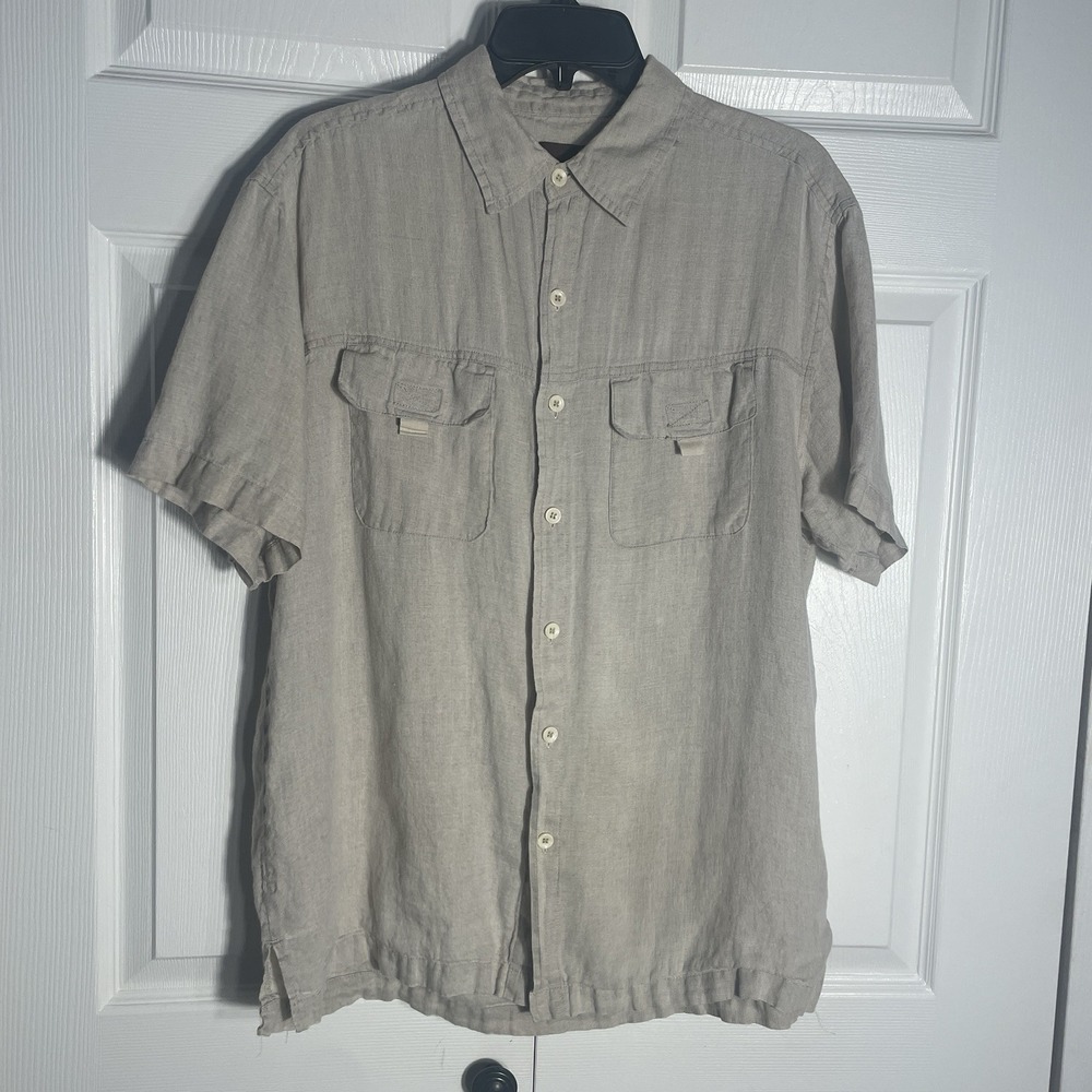 Vintage Y2K Weekendz Off 100% Linen Shirt Men M Beige Short Sleeve Button Up